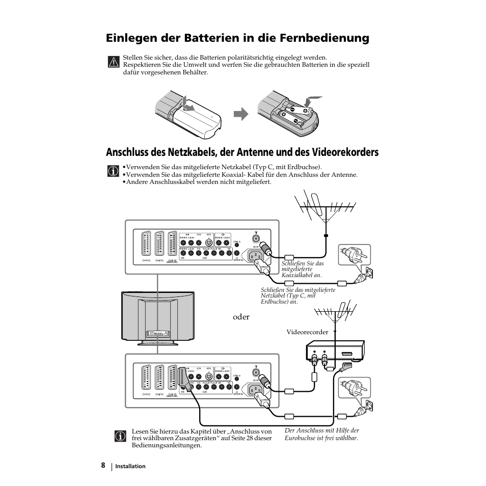 Einlegen der batterien in die fernbedienung, Oder, Installation | Sony KZ-32TS1E User Manual | Page 41 / 135