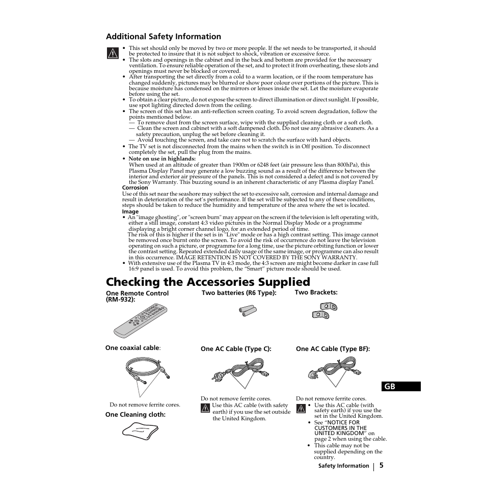 Checking the accessories supplied, Kontrolle der mitgelieferten zubehörteile, Comprobación de los accesorios suministrados | Gb additional safety information | Sony KZ-32TS1E User Manual | Page 5 / 135
