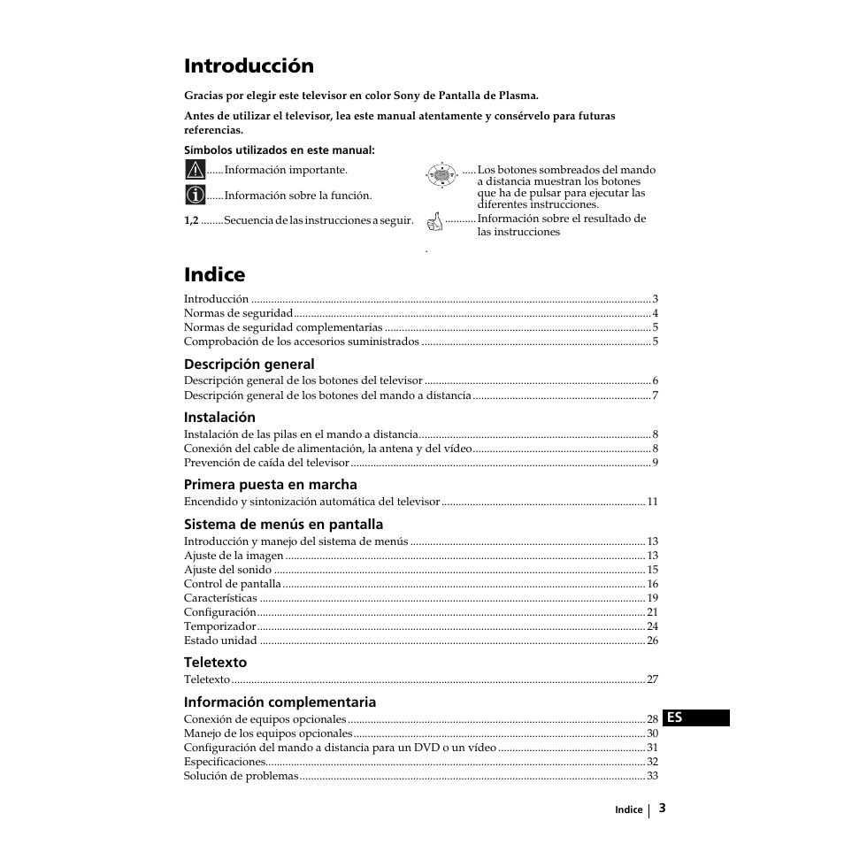 Introducción, Introduction, Indice | Sony KZ-32TS1E User Manual | Page 68 / 135