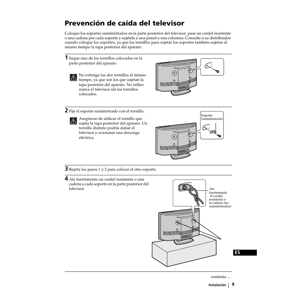 Prevención de caída del televisor | Sony KZ-32TS1E User Manual | Page 74 / 135