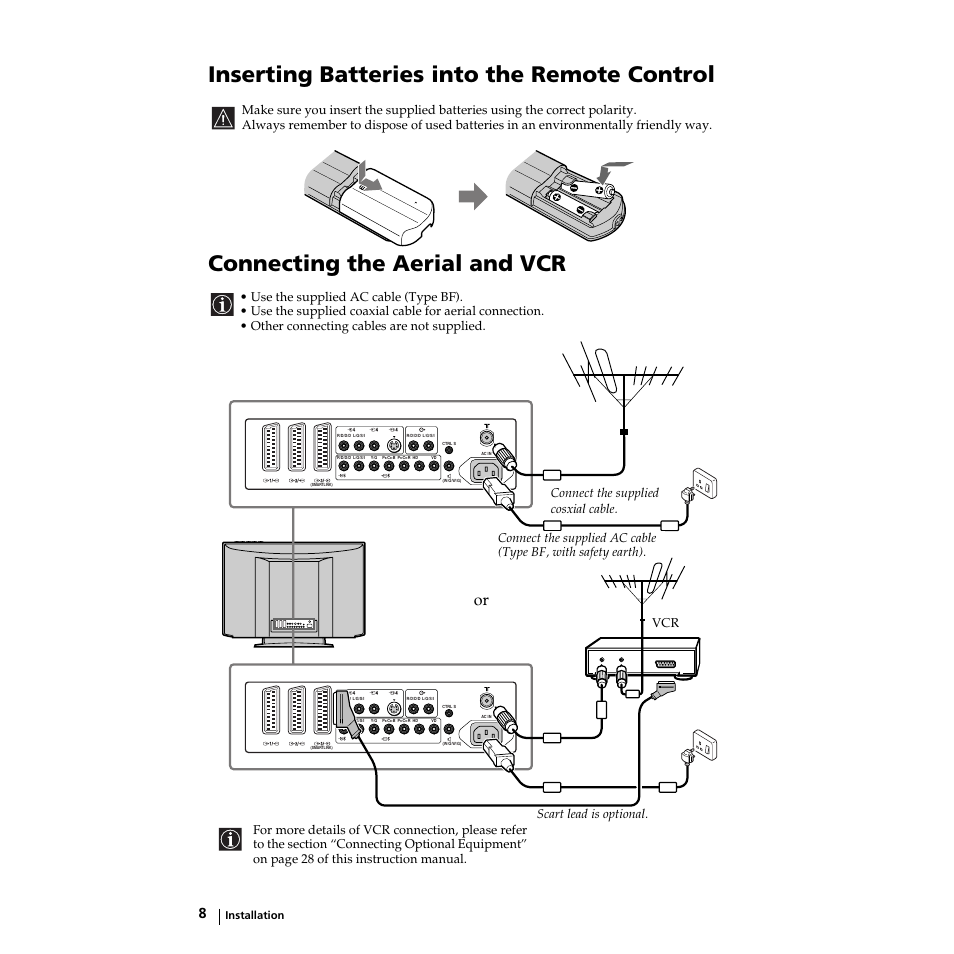 Inserting batteries into the remote control, Connecting the aerial and vcr, Einlegen der batterien in die fernbedienung | Instalación de las pilas en el mando a distancia, Insertion des piles dans la télécommande, Installation | Sony KZ-32TS1E User Manual | Page 8 / 135
