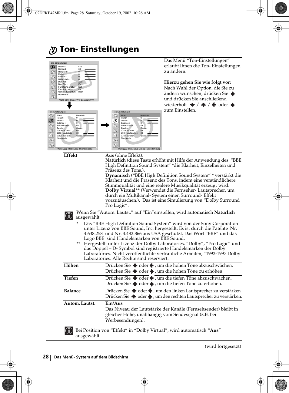 Ton- einstellungen | Sony KE-42MR1 User Manual | Page 104 / 305