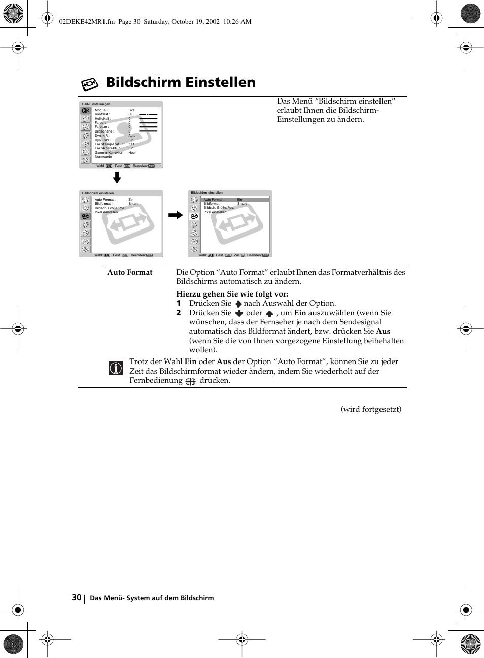 Bildschirm einstellen, Wird fortgesetzt) | Sony KE-42MR1 User Manual | Page 106 / 305