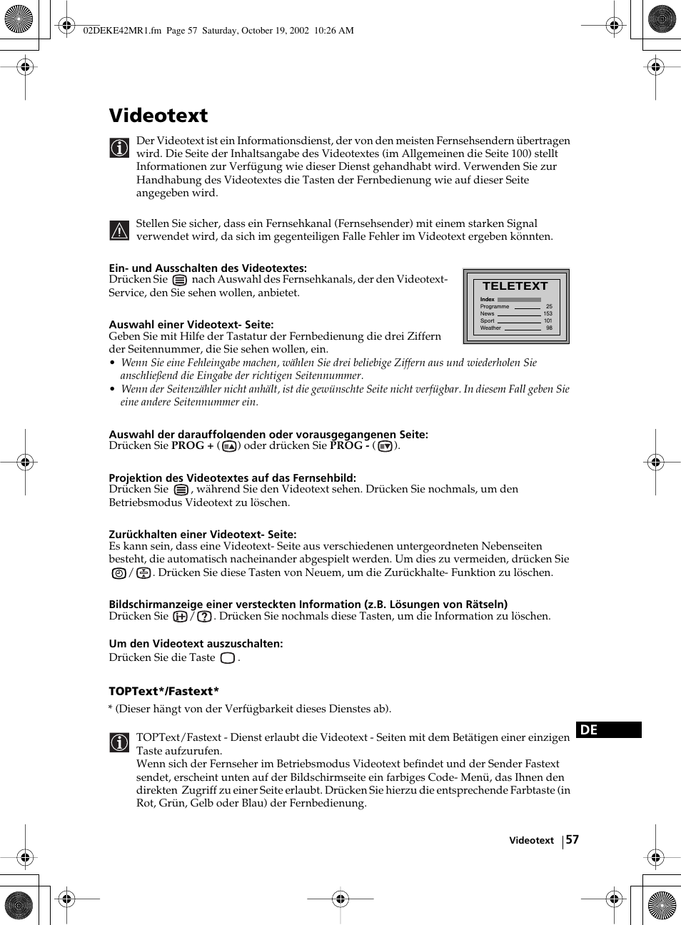 Videotext, Toptext*/fastext, Ein- und ausschalten des videotextes: drücken sie | Sony KE-42MR1 User Manual | Page 133 / 305