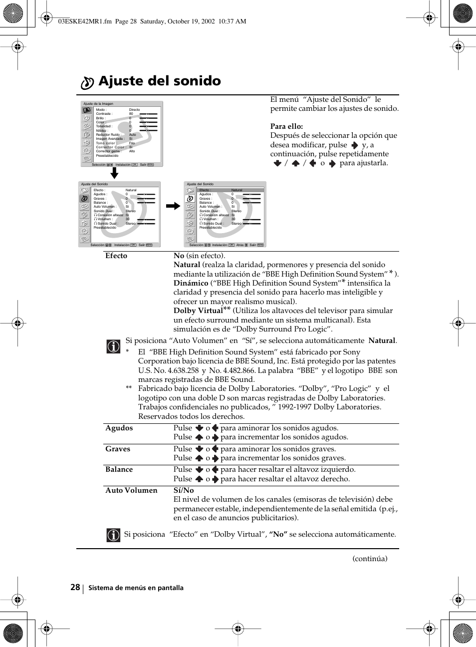 Ajuste del sonido | Sony KE-42MR1 User Manual | Page 179 / 305