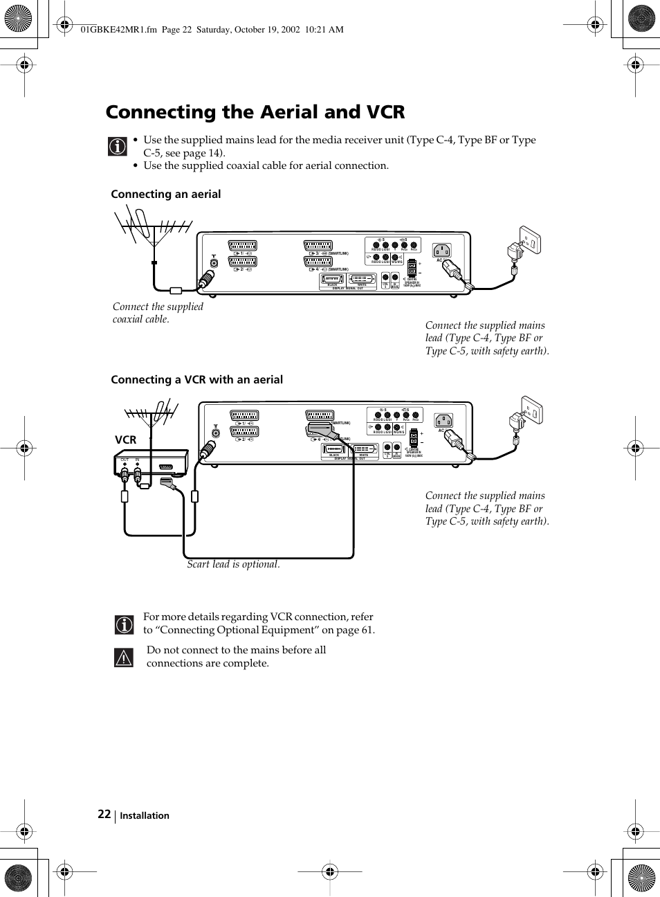 Connecting the aerial and vcr, Installation | Sony KE-42MR1 User Manual | Page 22 / 305