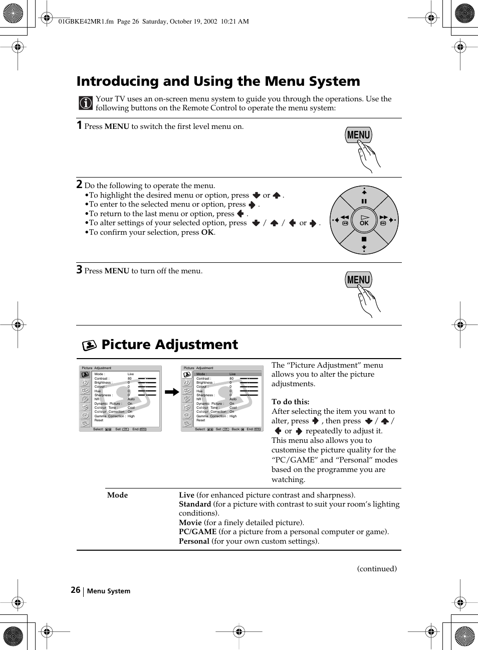 Menu | Sony KE-42MR1 User Manual | Page 26 / 305
