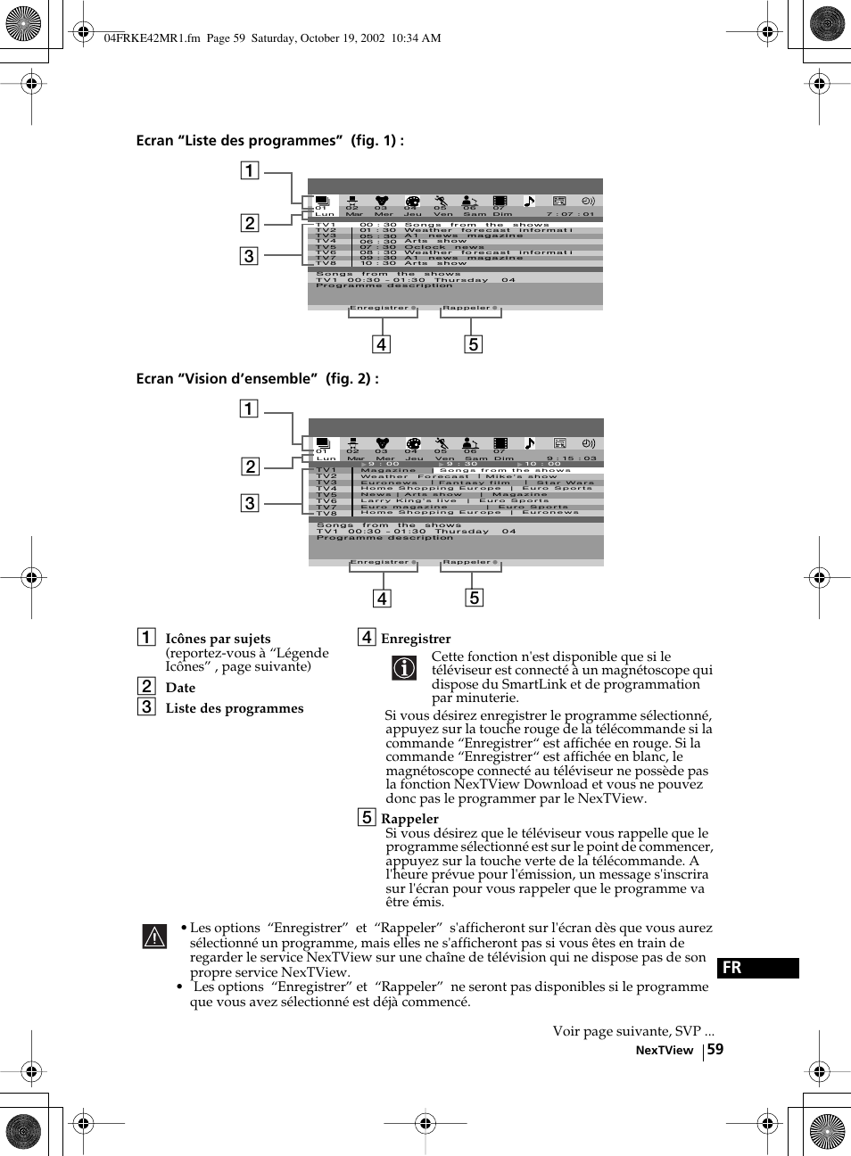 Date, Liste des programmes, Voir page suivante, svp | Sony KE-42MR1 User Manual | Page 285 / 305