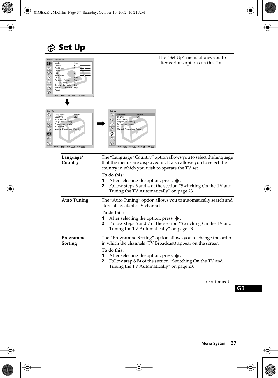 Set up, Continued) | Sony KE-42MR1 User Manual | Page 37 / 305