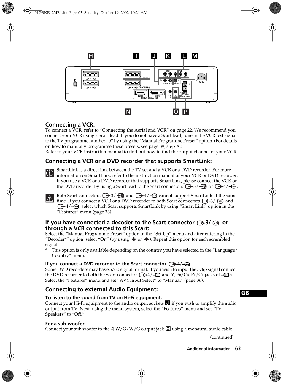 Gb connecting a vcr, Or through a vcr connected to this scart, Connecting to external audio equipment | For a sub woofer | Sony KE-42MR1 User Manual | Page 63 / 305
