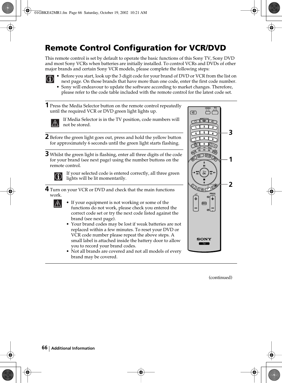 Remote control configuration for vcr/dvd | Sony KE-42MR1 User Manual | Page 66 / 305