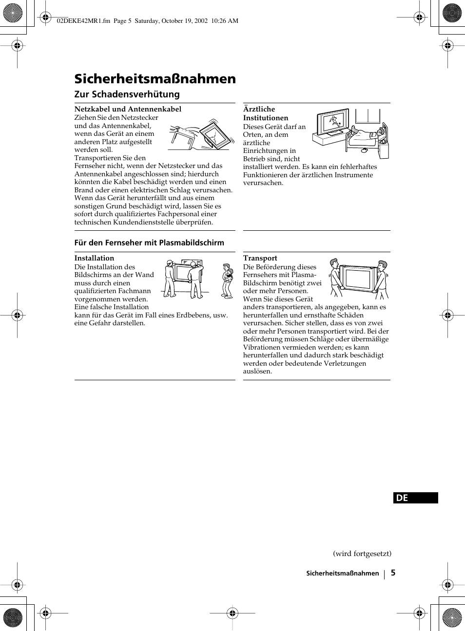 Sicherheitsmaßnahmen | Sony KE-42MR1 User Manual | Page 81 / 305