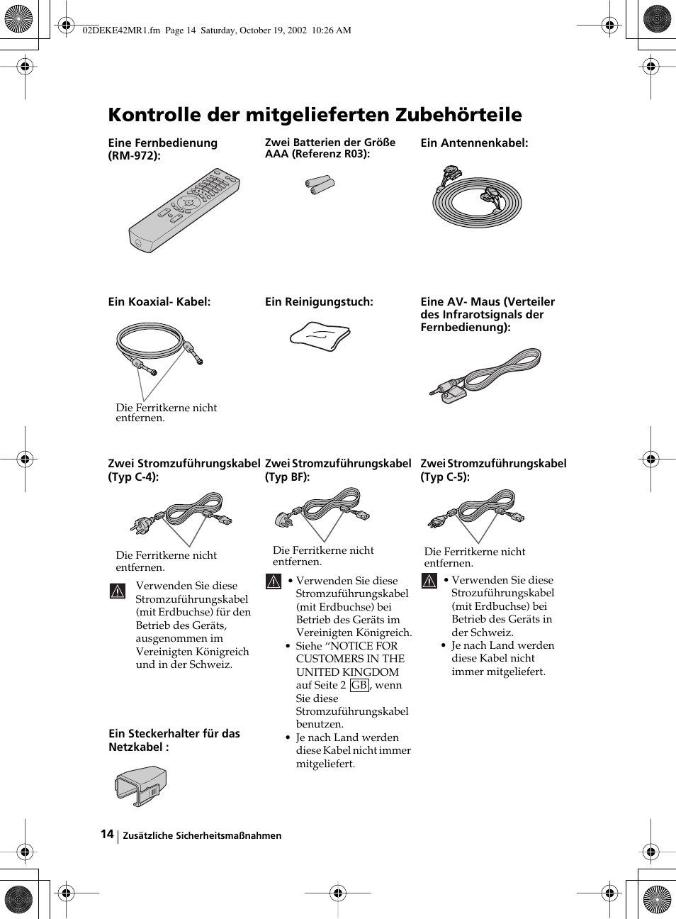 Kontrolle der mitgelieferten zubehörteile | Sony KE-42MR1 User Manual | Page 90 / 305