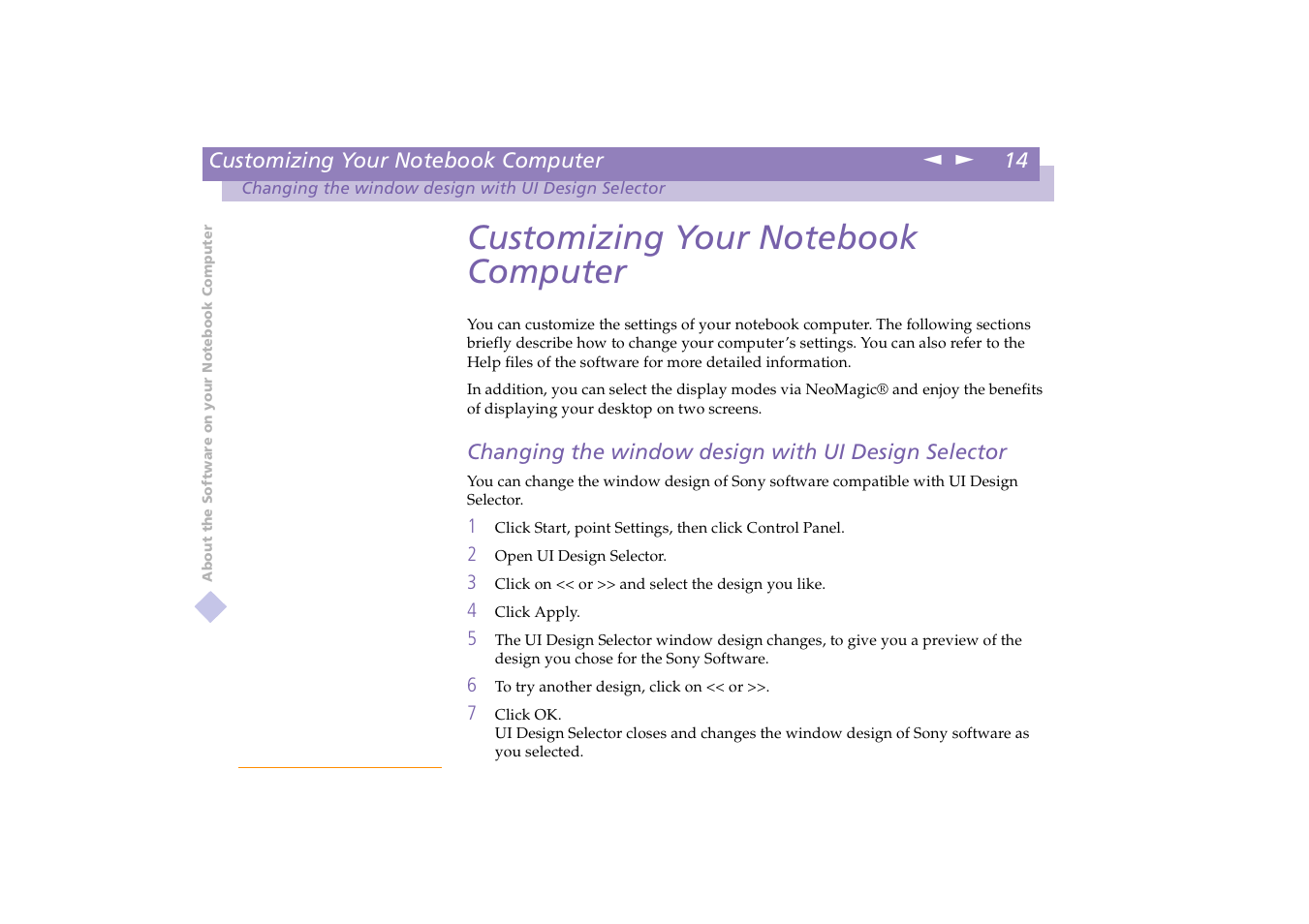 Customizing your notebook computer, Changing the window design with ui design selector | Sony PCG-X18 User Manual | Page 14 / 53