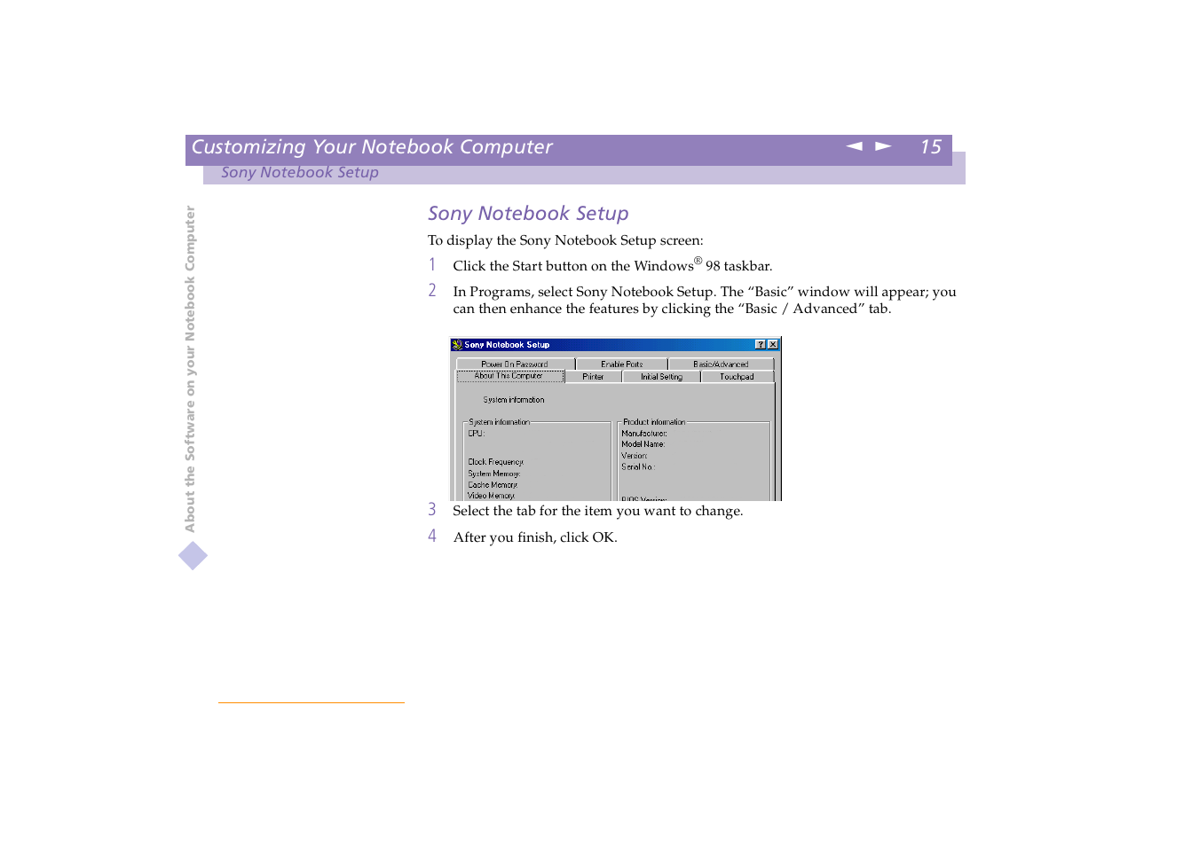 Sony notebook setup | Sony PCG-X18 User Manual | Page 15 / 53