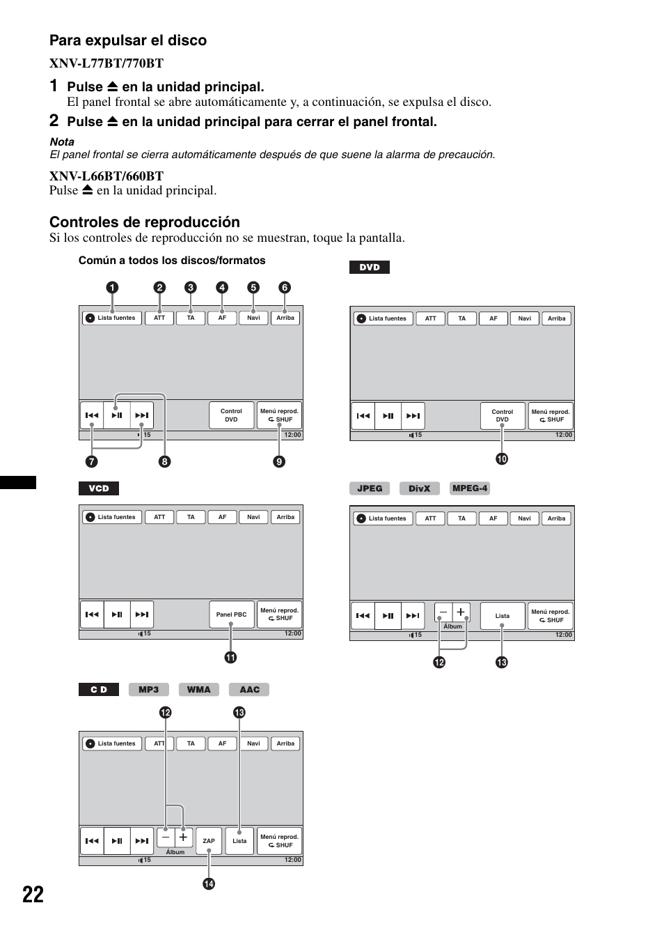 Para expulsar el disco, Controles de reproducción, Qd qs | Qf qd qs | Sony XNV-660BT User Manual | Page 100 / 248