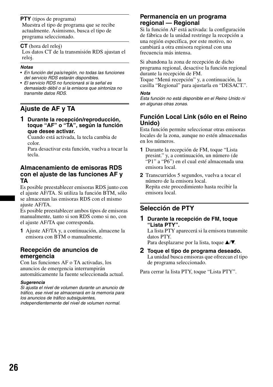 Ajuste de af y ta, Selección de pty, Ajuste de af y ta selección de pty | Sony XNV-660BT User Manual | Page 104 / 248