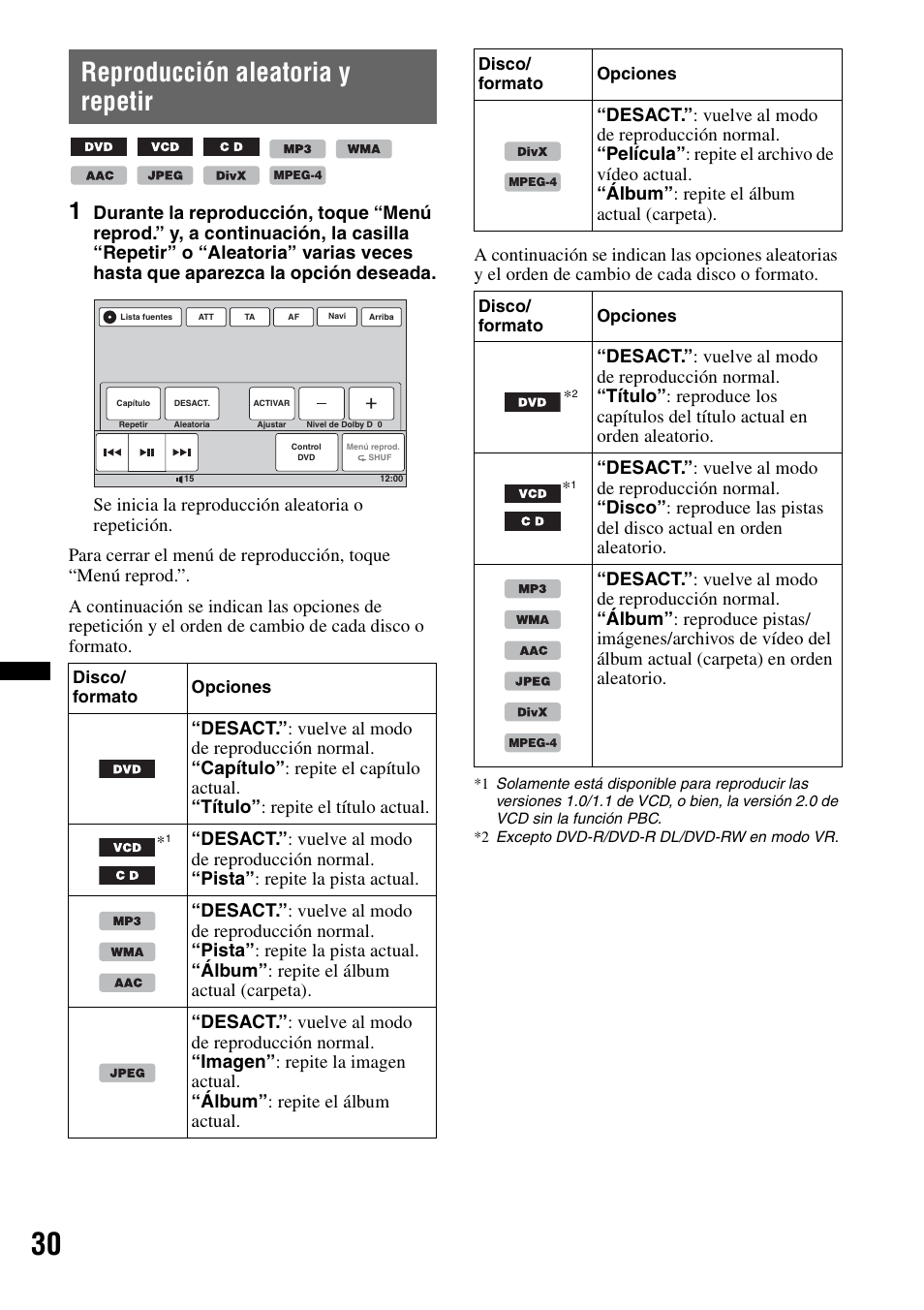 Reproducción aleatoria y repetir | Sony XNV-660BT User Manual | Page 108 / 248