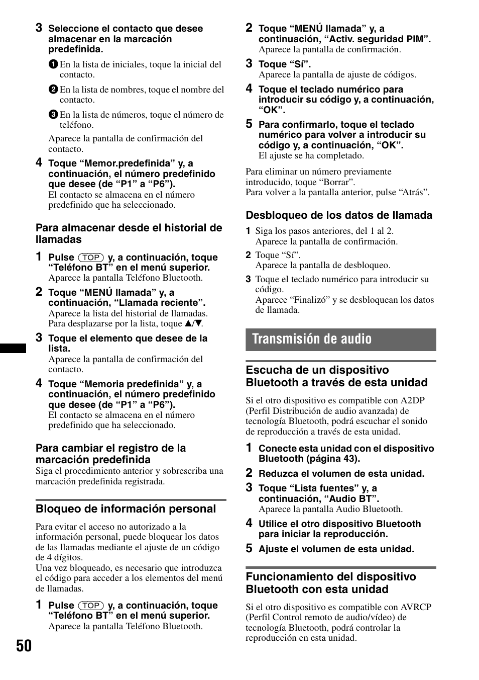 Bloqueo de información personal, Transmisión de audio | Sony XNV-660BT User Manual | Page 128 / 248