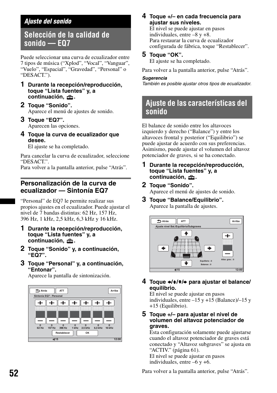 Ajuste del sonido, Selección de la calidad de sonido - eq7, Ajuste de las características del sonido | Selección de la calidad de sonido — eq7 | Sony XNV-660BT User Manual | Page 130 / 248