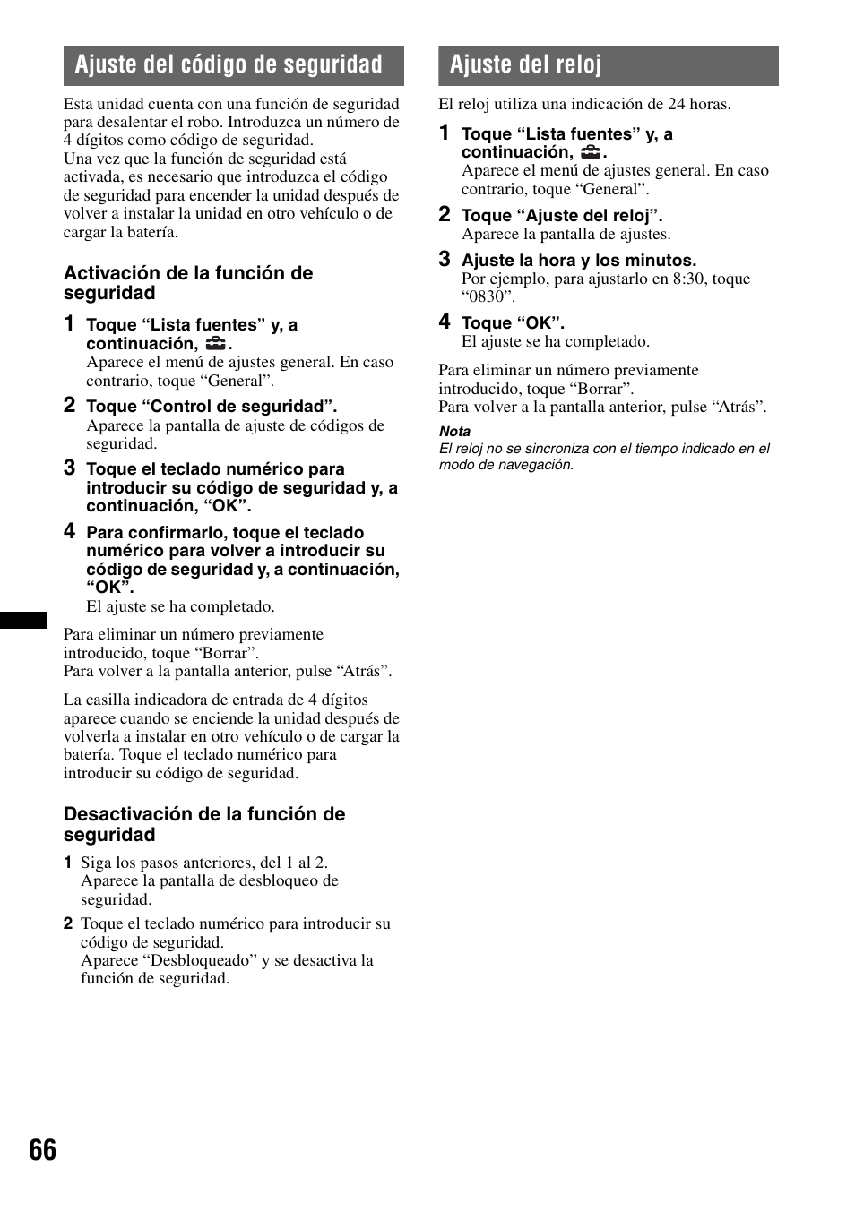 Ajuste del código de seguridad, Ajuste del reloj | Sony XNV-660BT User Manual | Page 144 / 248
