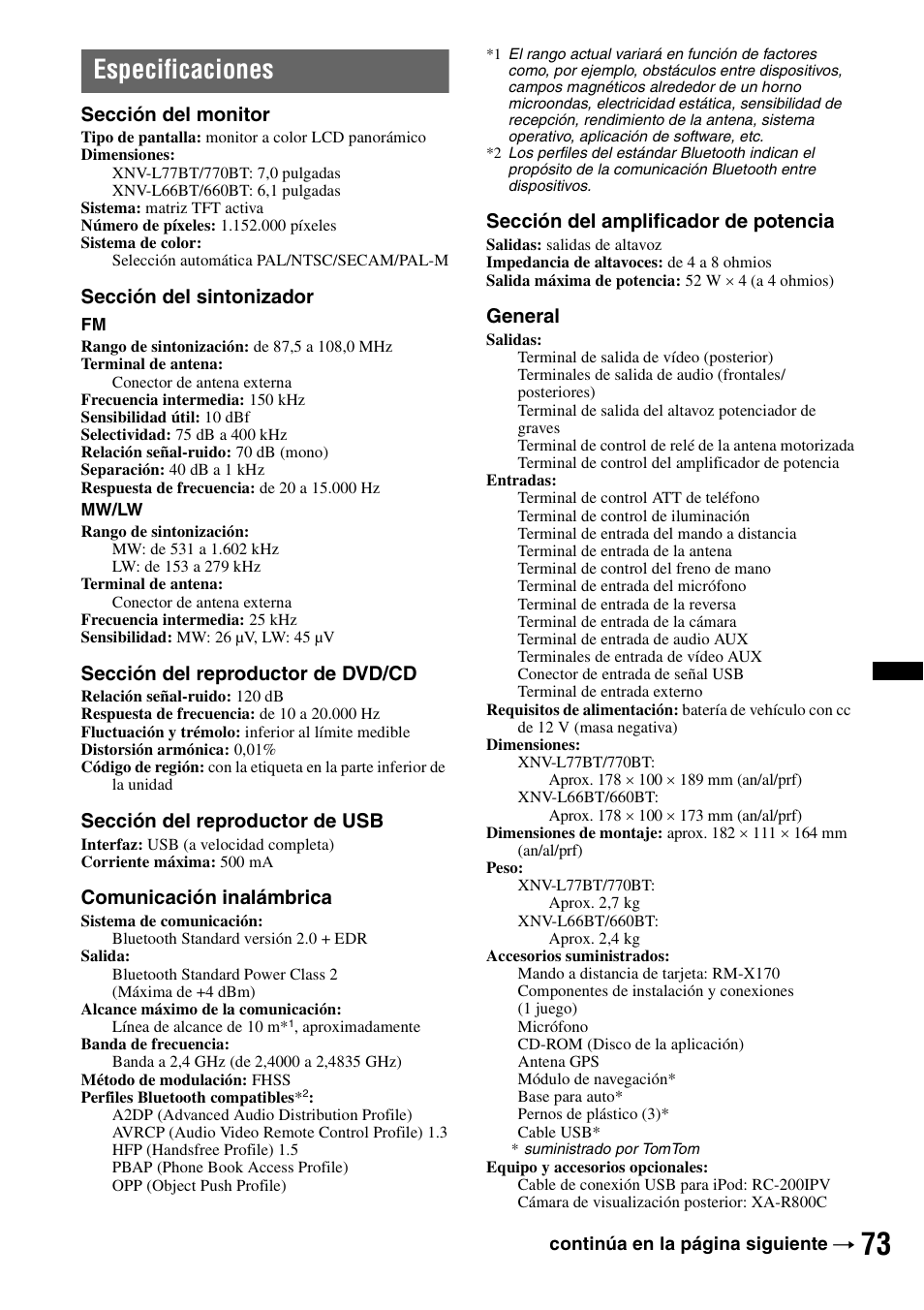 Especificaciones | Sony XNV-660BT User Manual | Page 151 / 248