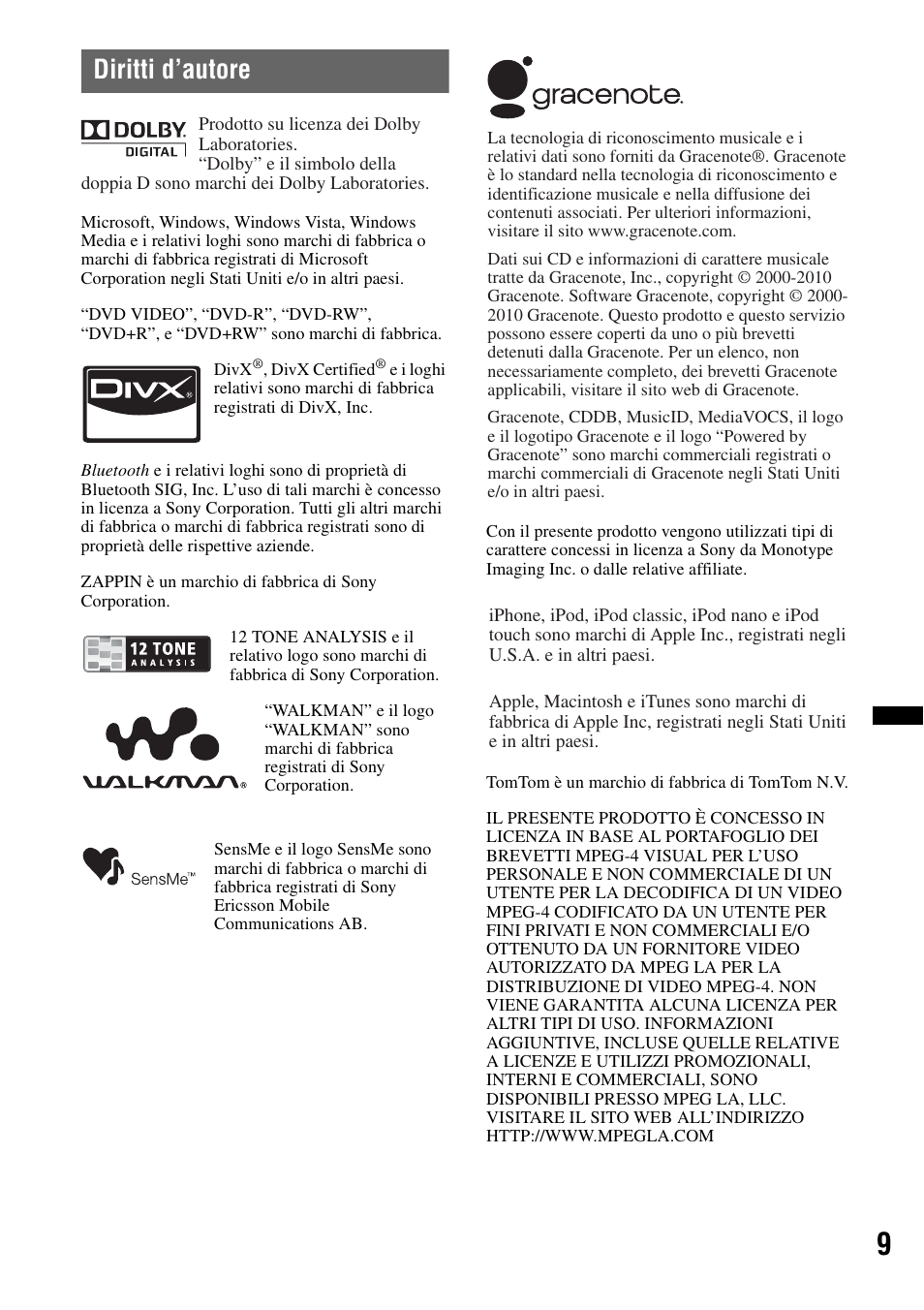 Diritti d’autore | Sony XNV-660BT User Manual | Page 169 / 248