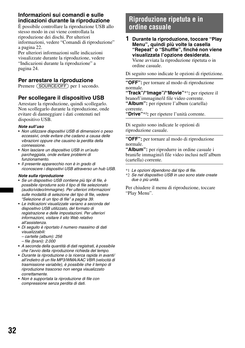 Riproduzione ripetuta e in ordine casuale, Per arrestare la riproduzione, Per scollegare il dispositivo usb | Sony XNV-660BT User Manual | Page 192 / 248