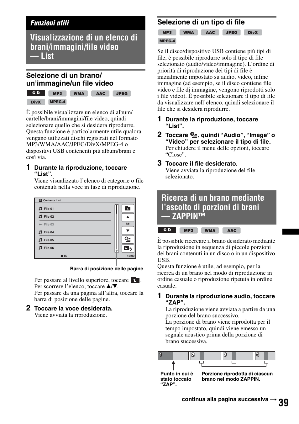 Funzioni utili, Selezione di un brano/ un’immagine/un file video, Selezione di un tipo di file | Sony XNV-660BT User Manual | Page 199 / 248