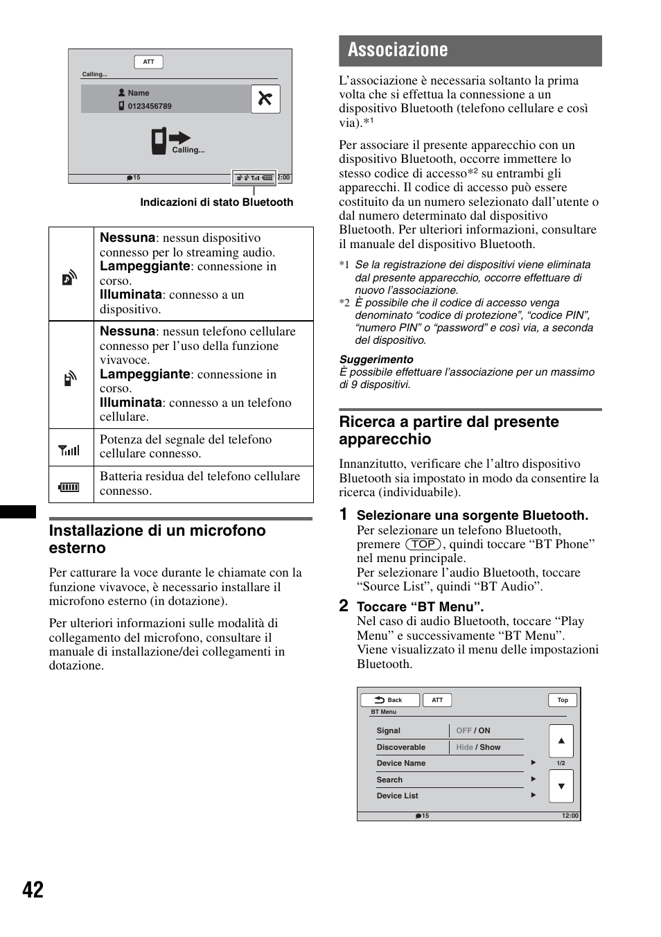 Installazione di un microfono esterno, Associazione, Ricerca a partire dal presente apparecchio | Sony XNV-660BT User Manual | Page 202 / 248