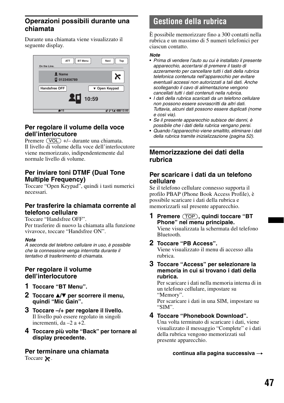 Operazioni possibili durante una chiamata, Gestione della rubrica, Memorizzazione dei dati della rubrica | Sony XNV-660BT User Manual | Page 207 / 248