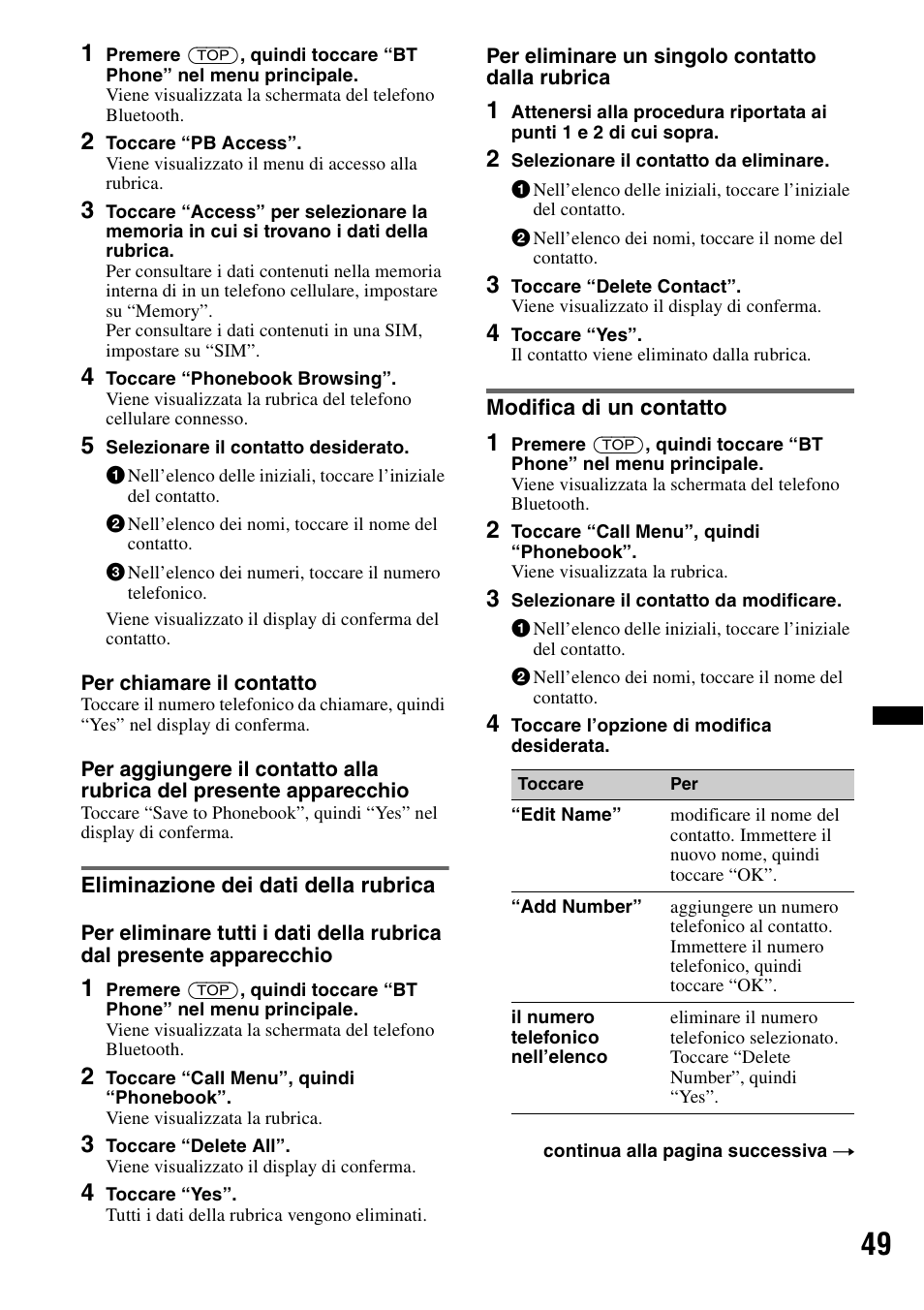 Eliminazione dei dati della rubrica, Modifica di un contatto | Sony XNV-660BT User Manual | Page 209 / 248
