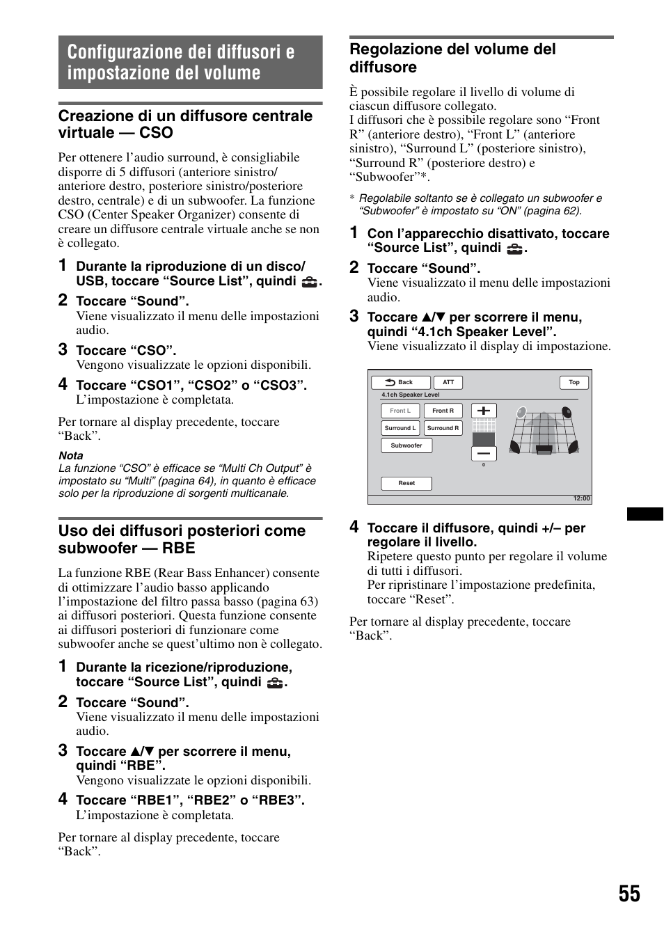 Creazione di un diffusore centrale virtuale - cso, Uso dei diffusori posteriori come subwoofer - rbe, Regolazione del volume del diffusore | Creazione di un diffusore centrale virtuale — cso, Uso dei diffusori posteriori come subwoofer — rbe | Sony XNV-660BT User Manual | Page 215 / 248