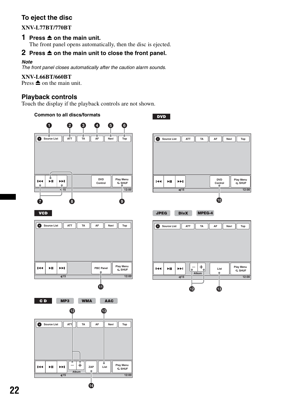 Playback controls, Press z on the main unit to close the front panel, Qd qs | Qf qd qs | Sony XNV-660BT User Manual | Page 22 / 248