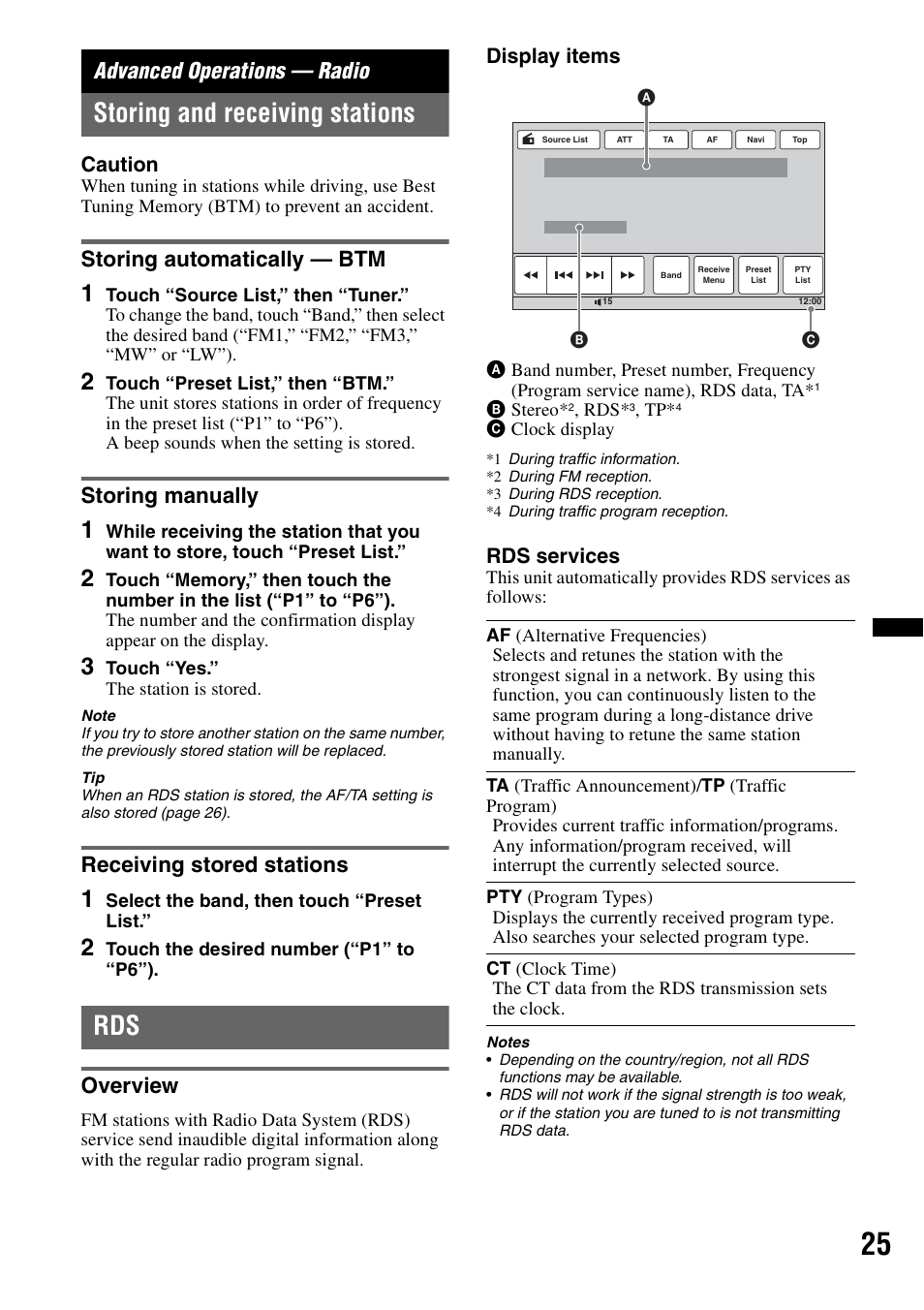 Advanced operations - radio, Storing and receiving stations, Storing automatically - btm | Storing manually, Receiving stored stations, Overview, Advanced operations — radio, Storing automatically — btm, Caution, Display items | Sony XNV-660BT User Manual | Page 25 / 248
