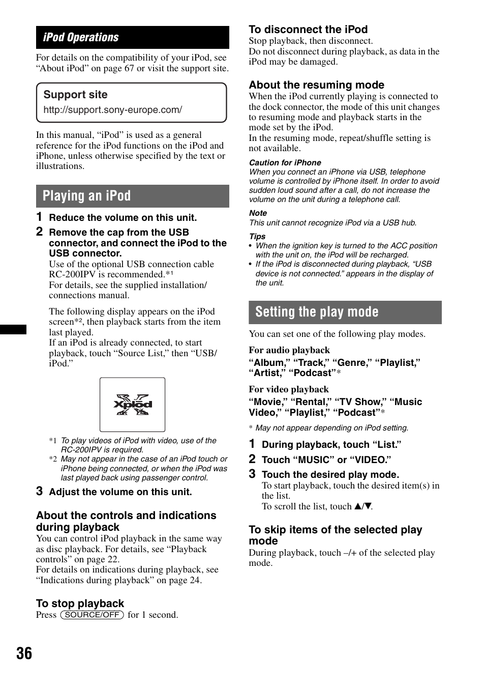 Ipod operations, Playing an ipod, Setting the play mode | Sony XNV-660BT User Manual | Page 36 / 248