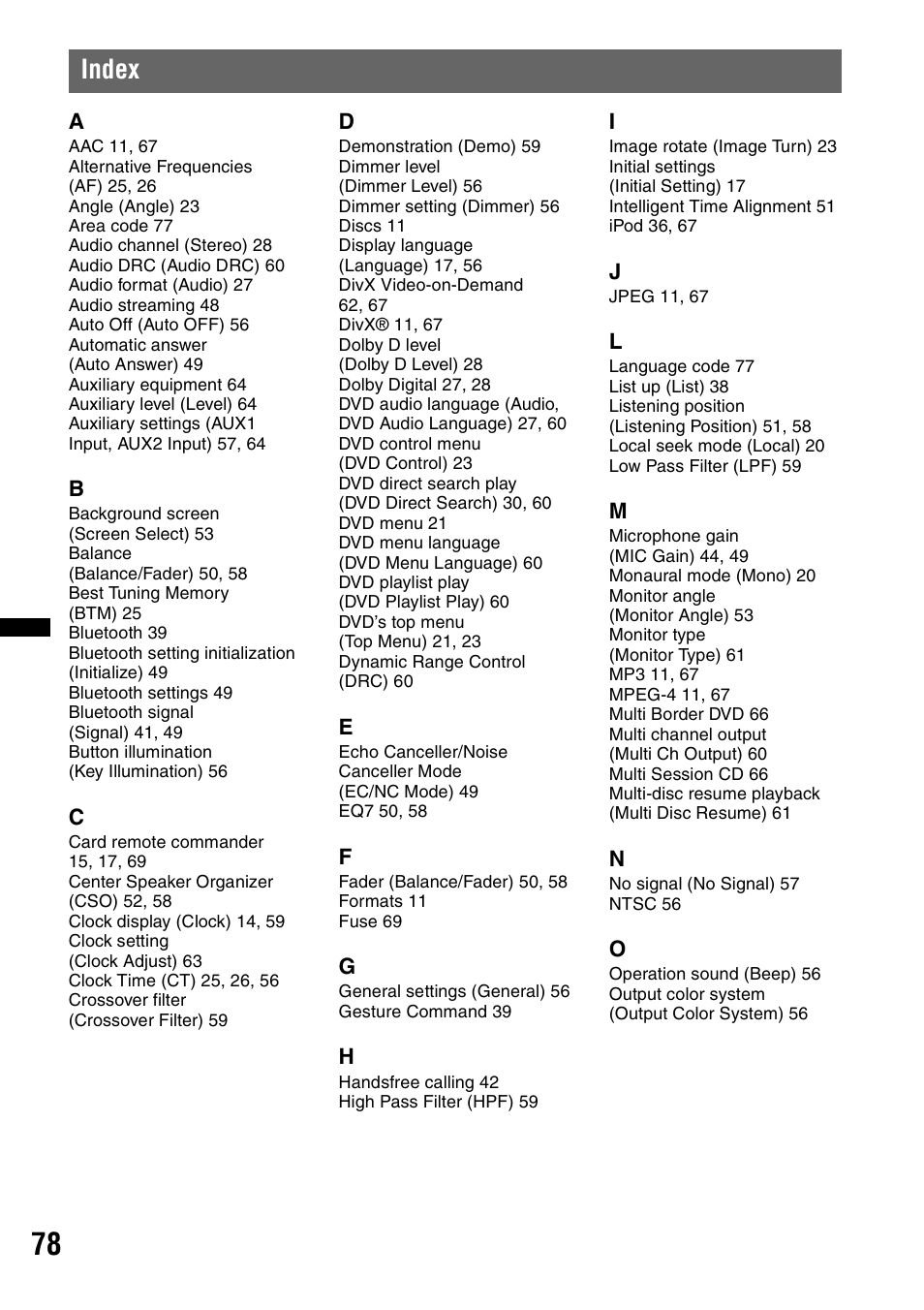 Index | Sony XNV-660BT User Manual | Page 78 / 248