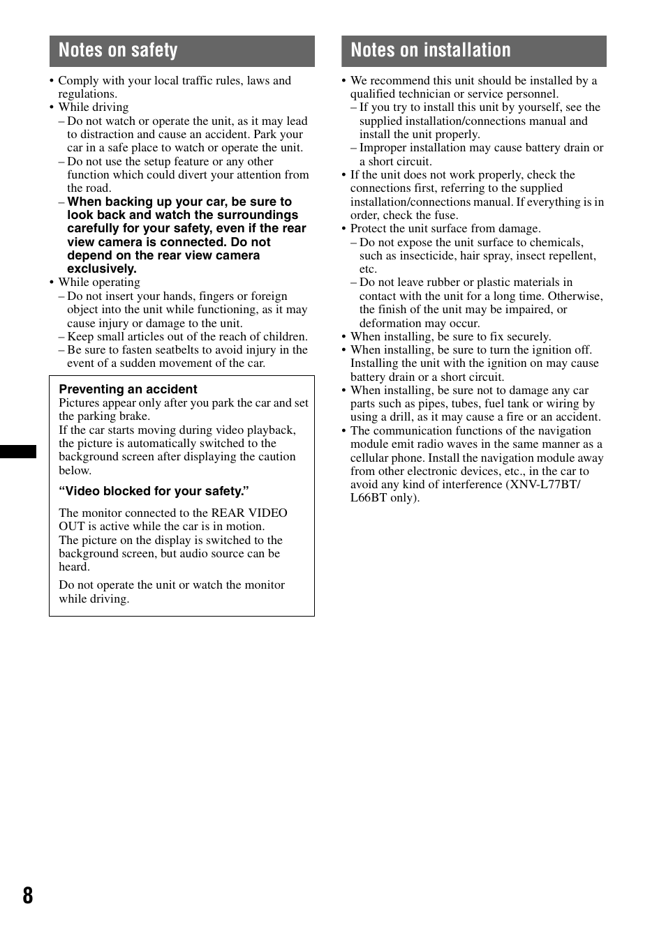 Notes on safety, Notes on installation | Sony XNV-660BT User Manual | Page 8 / 248