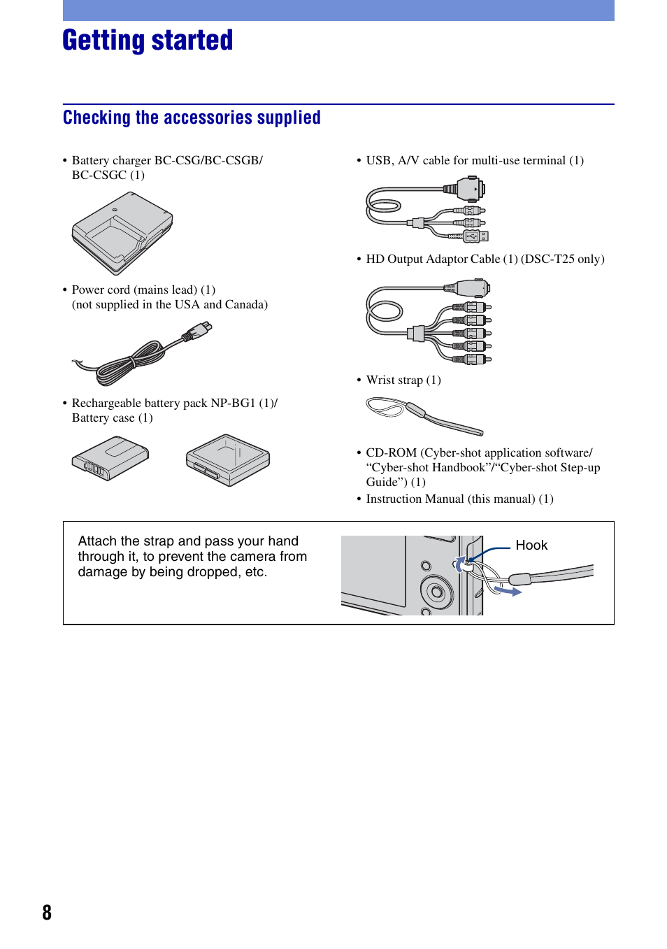 Getting started, Checking the accessories supplied | Sony DSC-T20 User Manual | Page 8 / 60