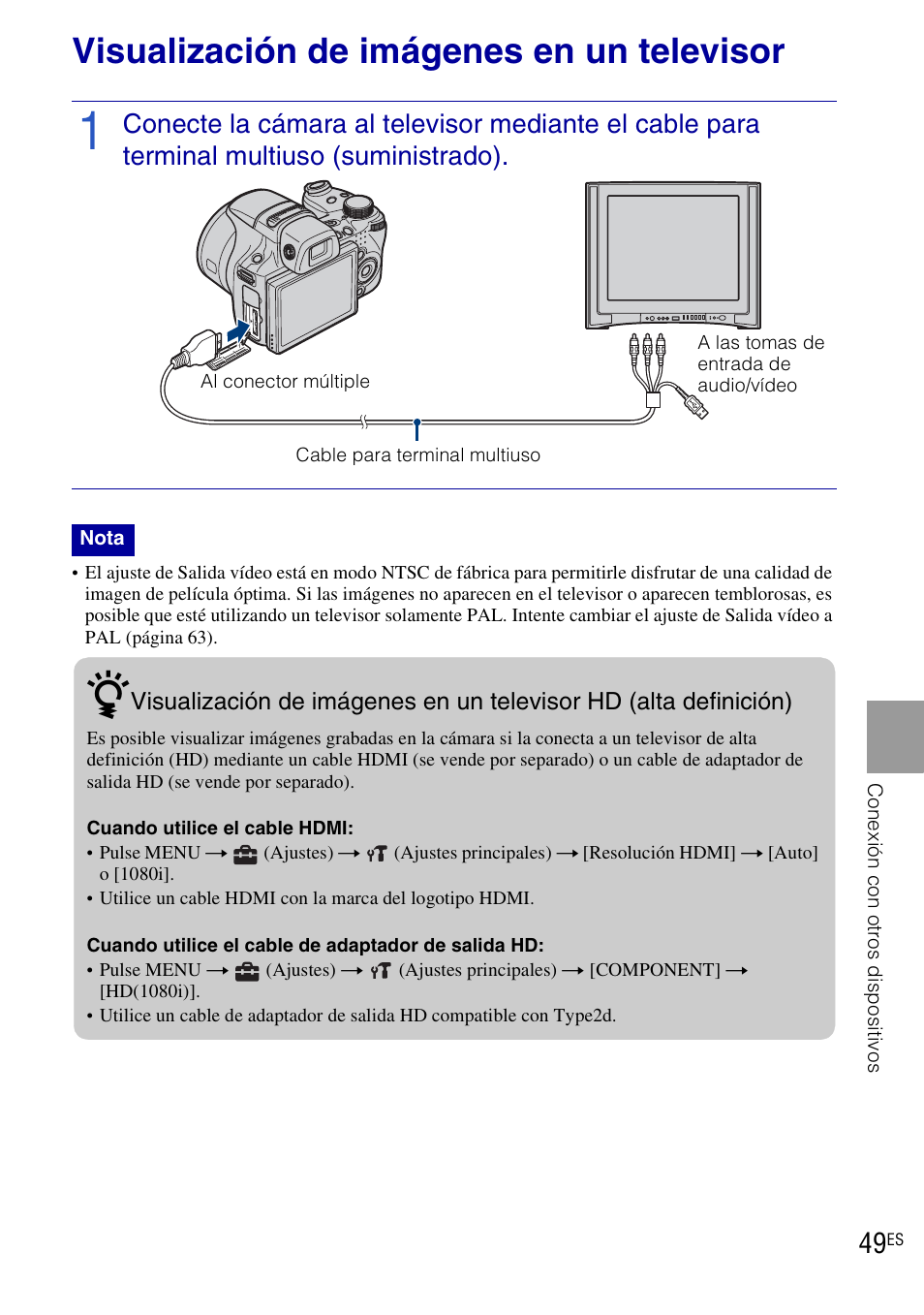 Conexión con otros dispositivos, Visualización de imágenes en un televisor | Sony DSC-HX1 User Manual | Page 123 / 151