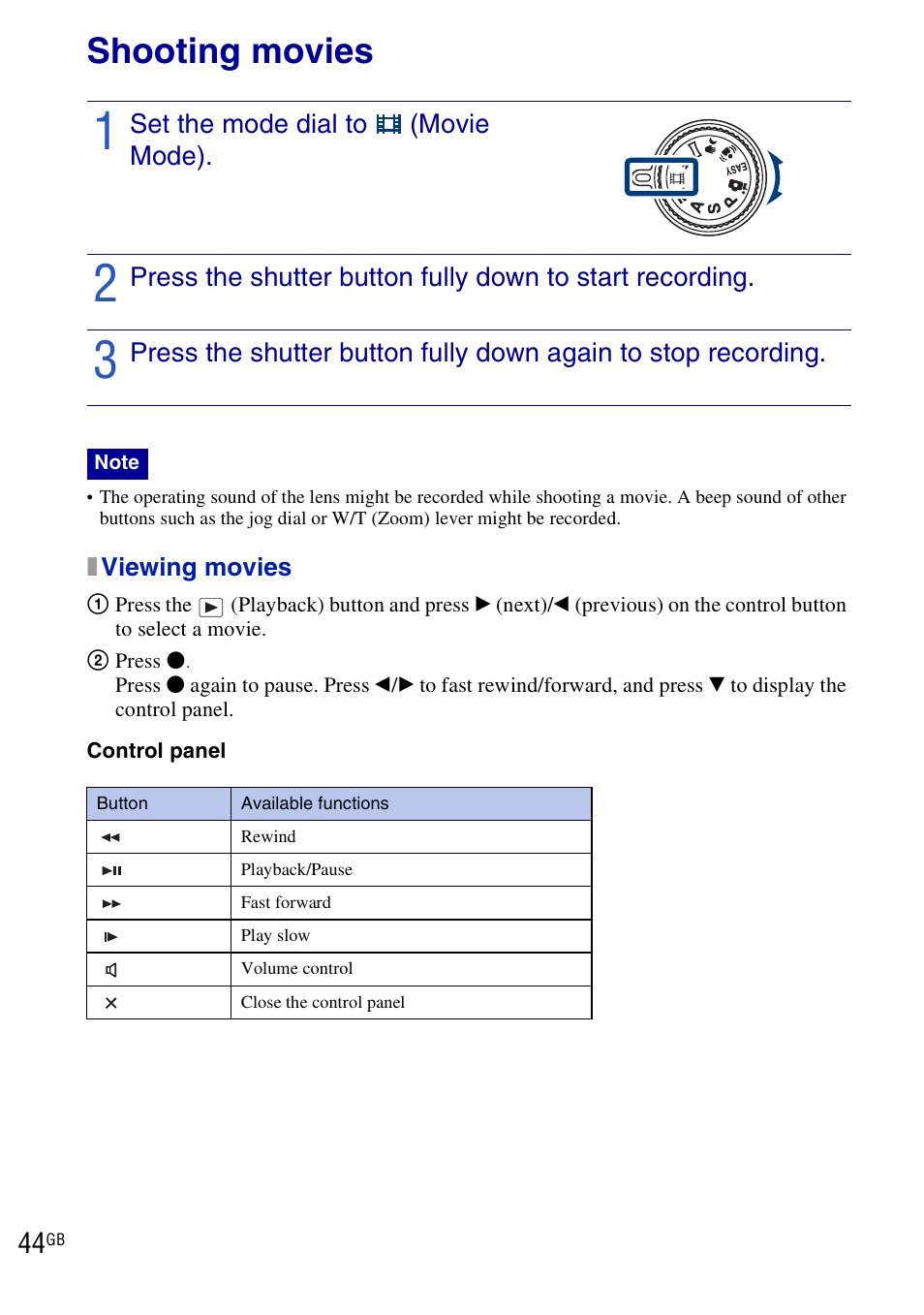 Shooting movies | Sony DSC-HX1 User Manual | Page 44 / 151