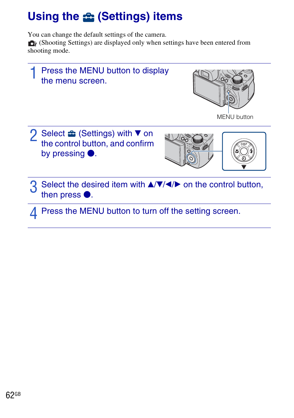 Using the (settings) items, Using the, Settings) items | Sony DSC-HX1 User Manual | Page 62 / 151