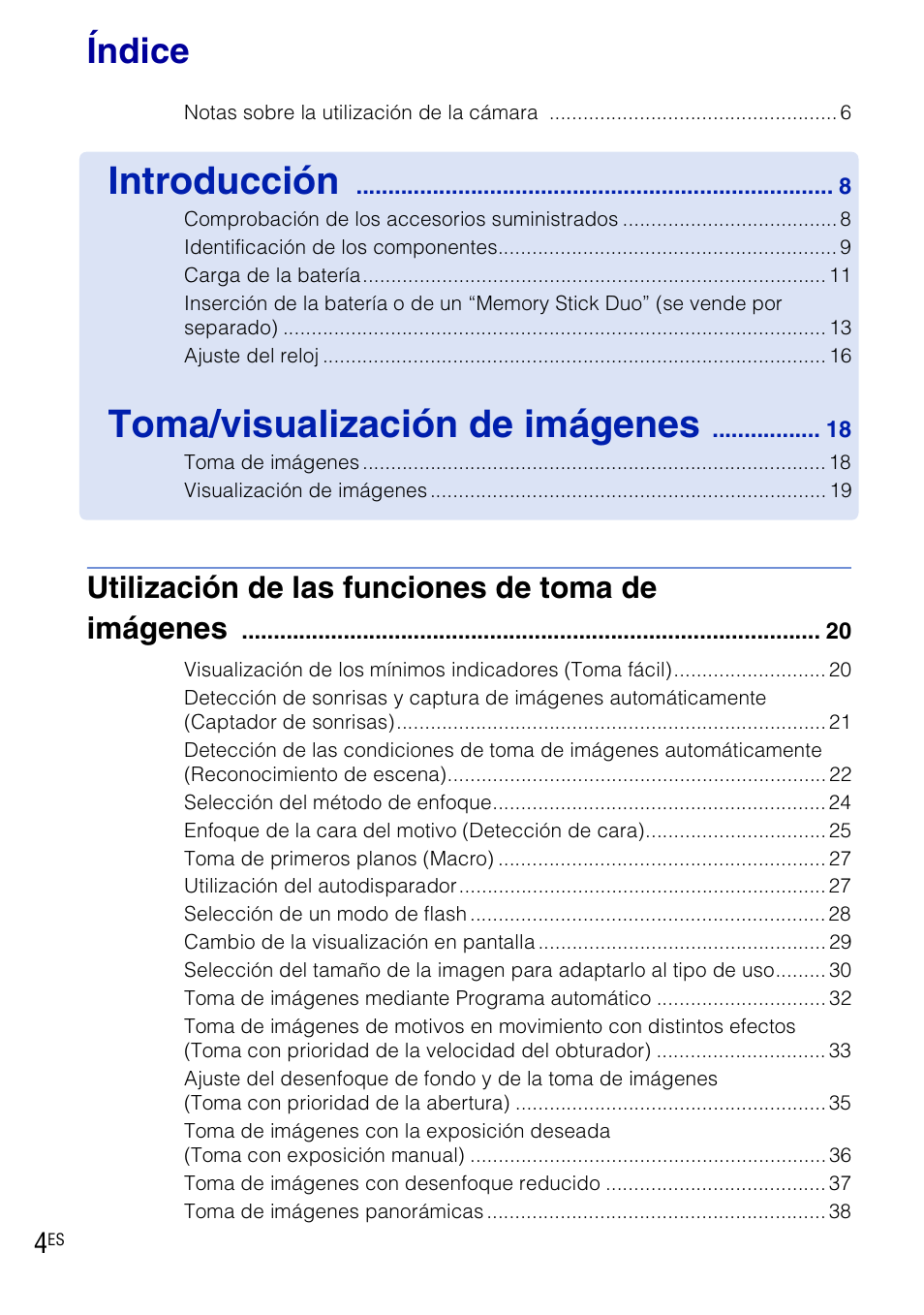 Índice, Introducción, Toma/visualización de imágenes | Utilización de las funciones de toma de imágenes | Sony DSC-HX1 User Manual | Page 78 / 151