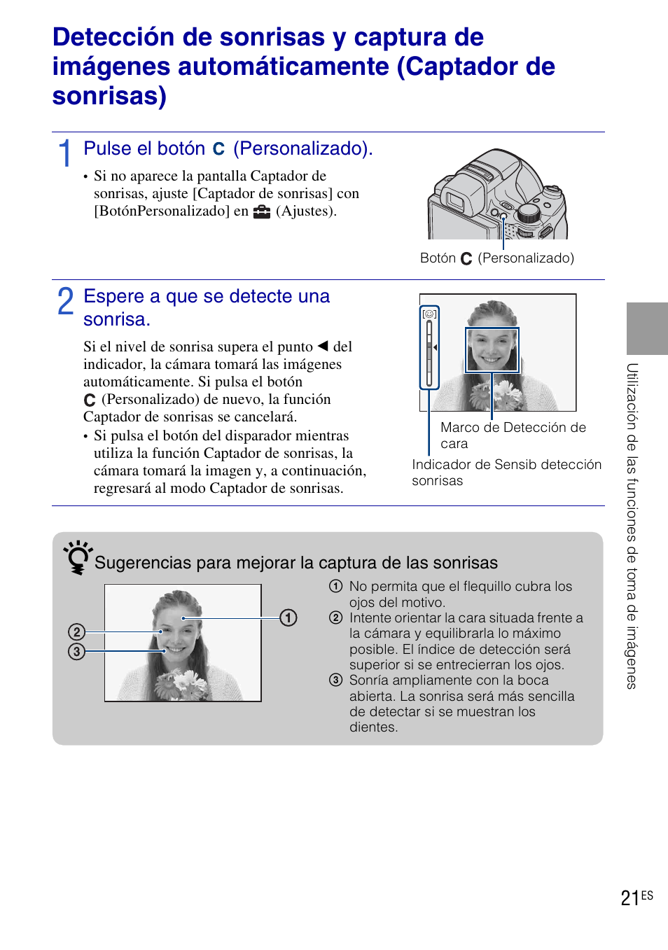 Pulse el botón (personalizado), Espere a que se detecte una sonrisa | Sony DSC-HX1 User Manual | Page 95 / 151
