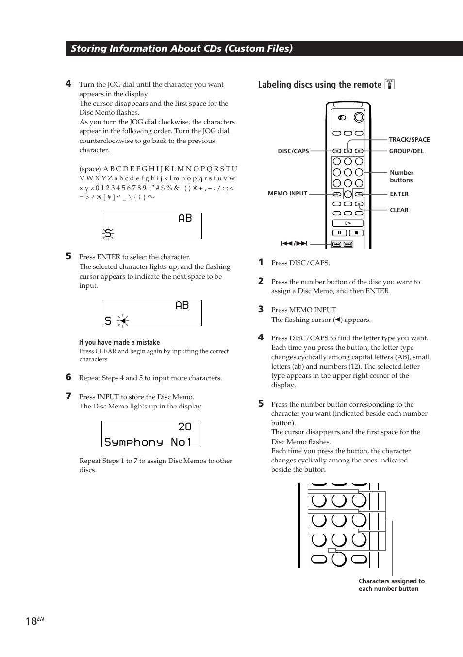 Storing information about cds (custom files), Labeling discs using the remote z 1 | Sony CDP-CX250 User Manual | Page 18 / 93