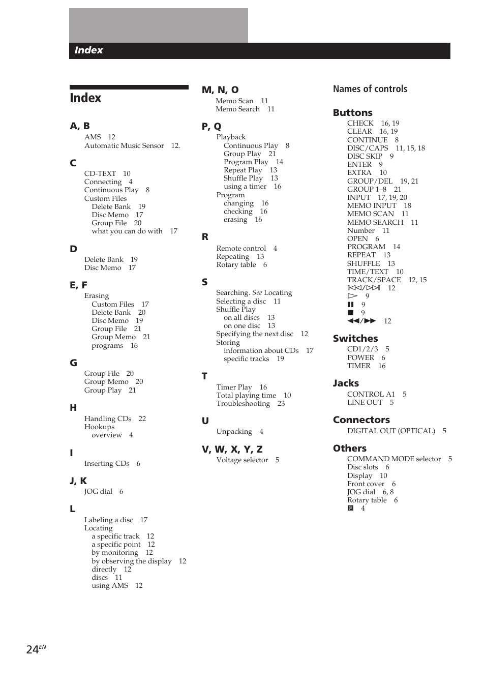 Index, Additional information, Index names of controls buttons | Switches, Jacks, Connectors, Others, M, n, o, P, q, V, w, x, y, z | Sony CDP-CX250 User Manual | Page 24 / 93