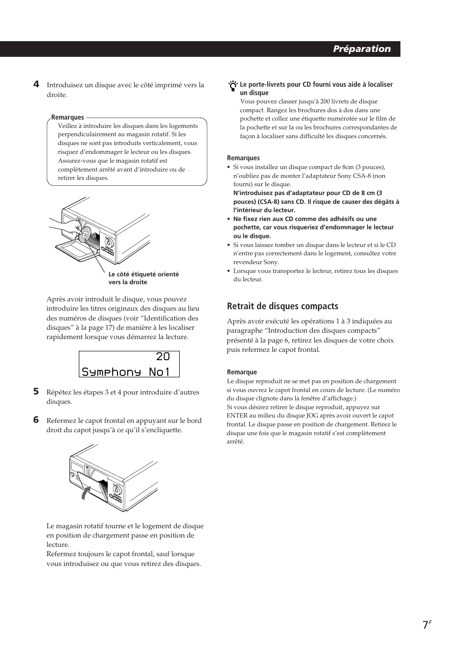 Symphony no1, Préparation 4, Retrait de disques compacts | Sony CDP-CX250 User Manual | Page 30 / 93