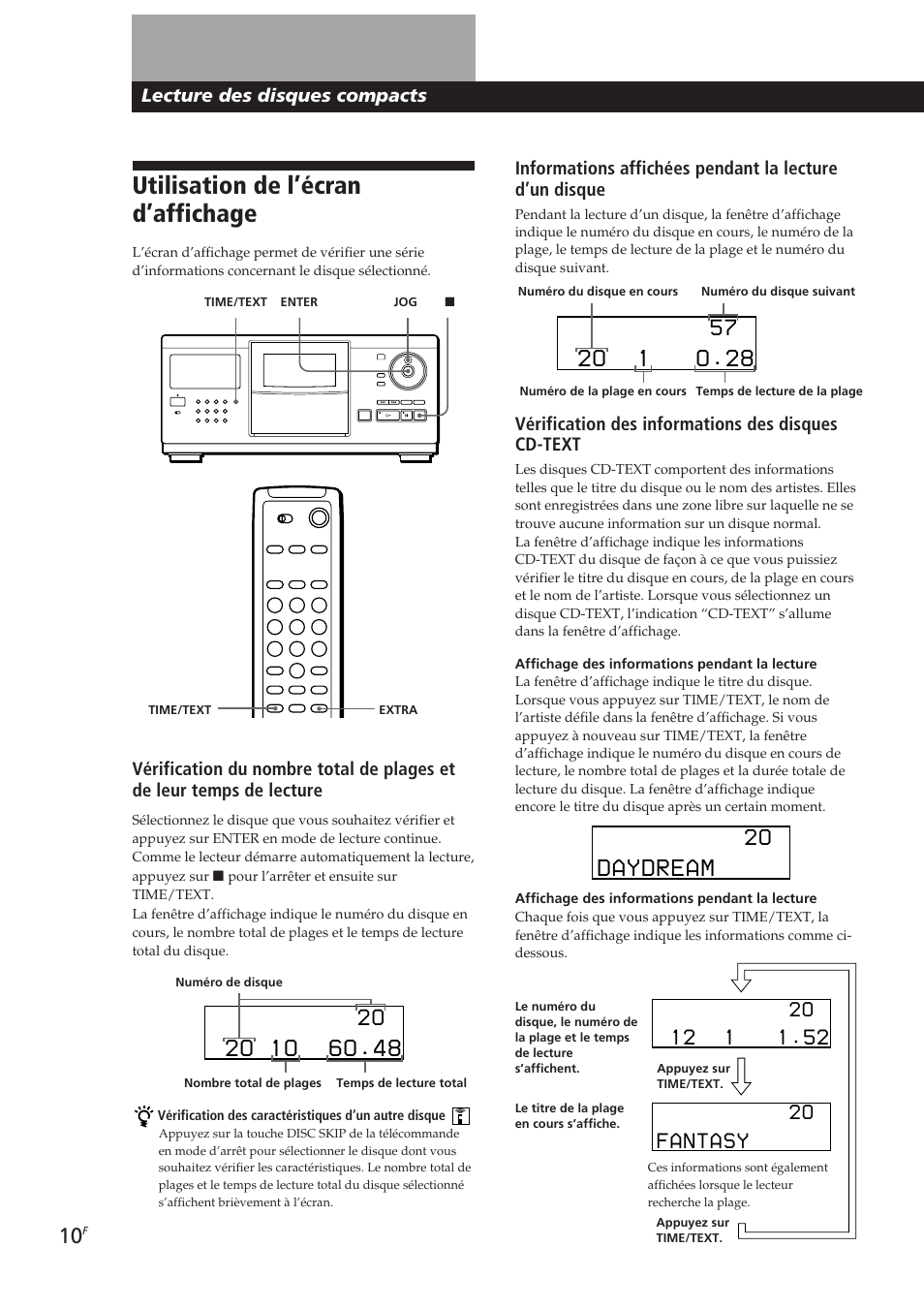 Utilisation de l’écran d’affichage, 2o 1 o.28, Daydream | Fantasy, Lecture des disques compacts, Vérification des informations des disques cd-text | Sony CDP-CX250 User Manual | Page 33 / 93