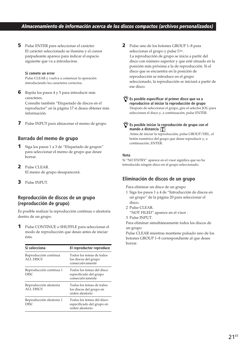 Locating a scene or track you want, Eliminación de discos de un grupo | Sony CDP-CX250 User Manual | Page 67 / 93