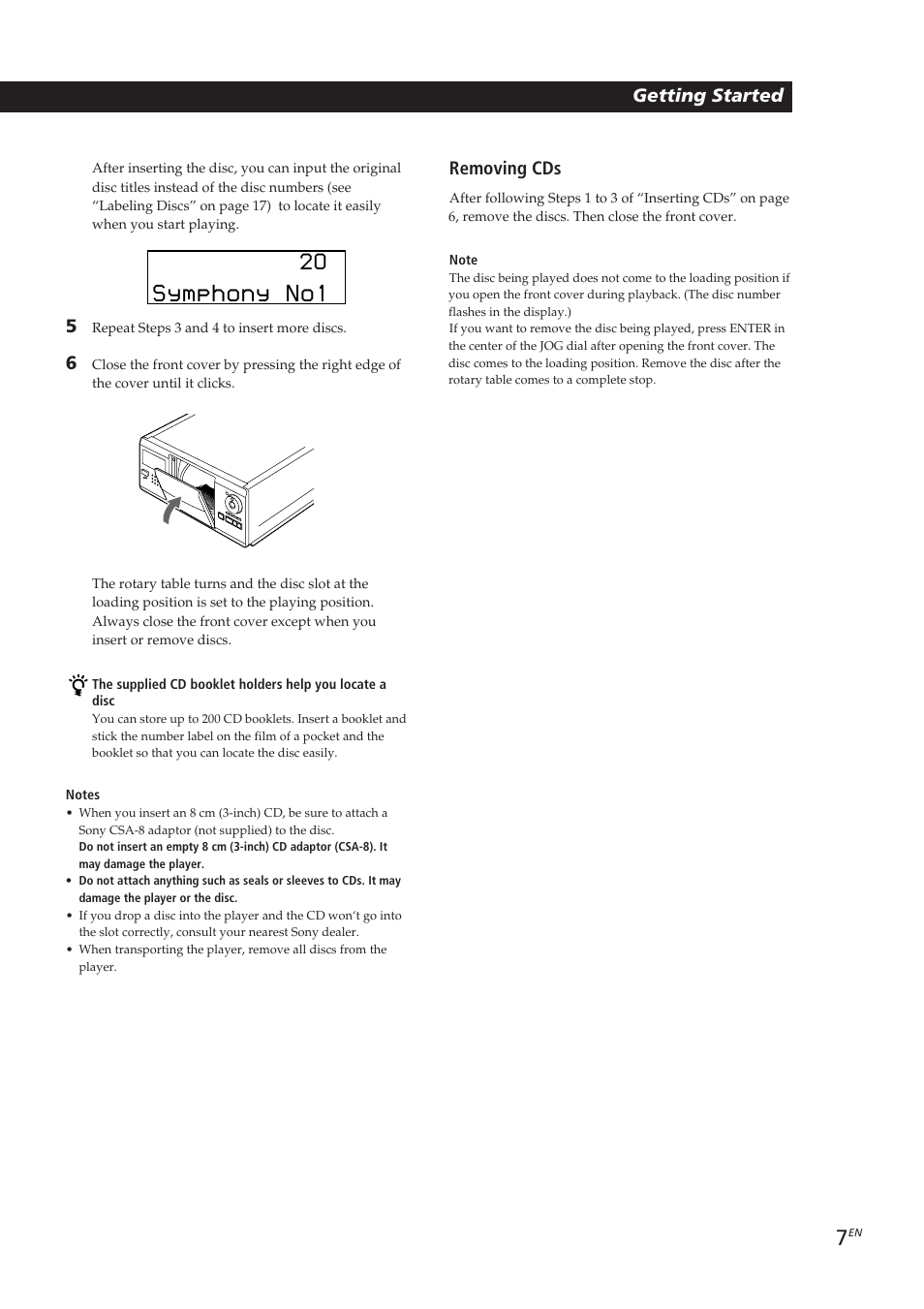 Symphony no1, Playing cds getting started getting started, Removing cds | Sony CDP-CX250 User Manual | Page 7 / 93